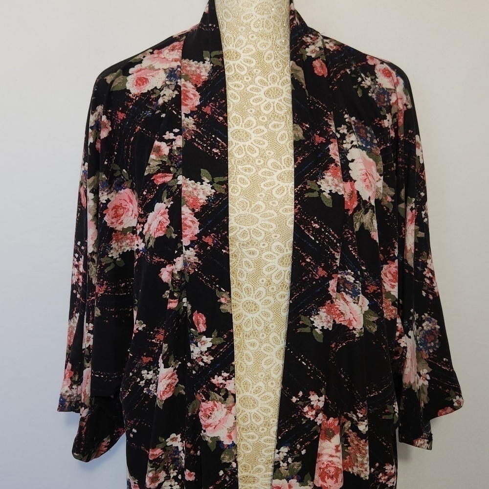 Women's Floral Print Fringe Hem Open Front Kimono Sleeve Shrug Cardigan Size L - Picture 2 of 9